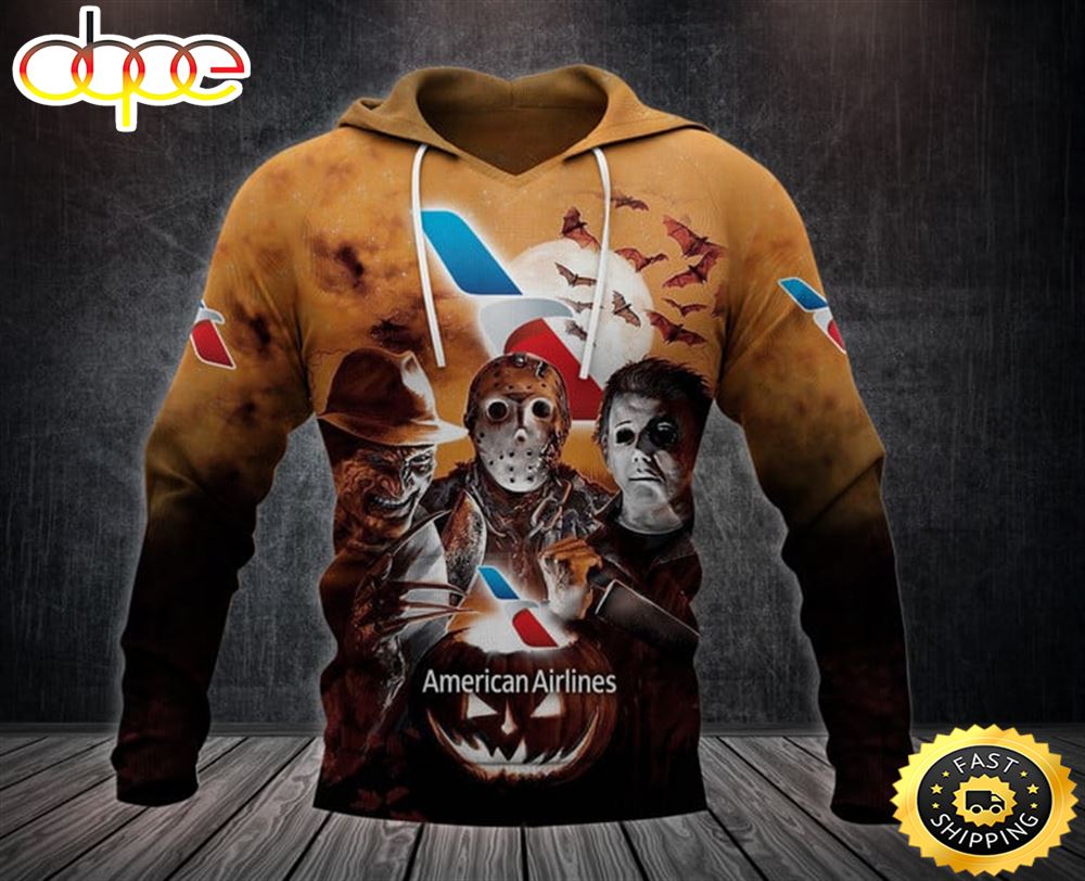 American Airlines Logo With Michael Myers and Freddy Krueger and Jason Voorhees Pumpkin Halloween All Over Print Hoodie