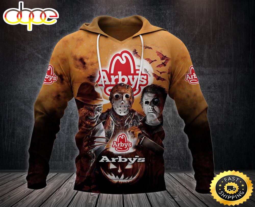 Arby's Logo With Michael Myers and Freddy Krueger and Jason Voorhees Pumpkin Halloween All Over Print Hoodie