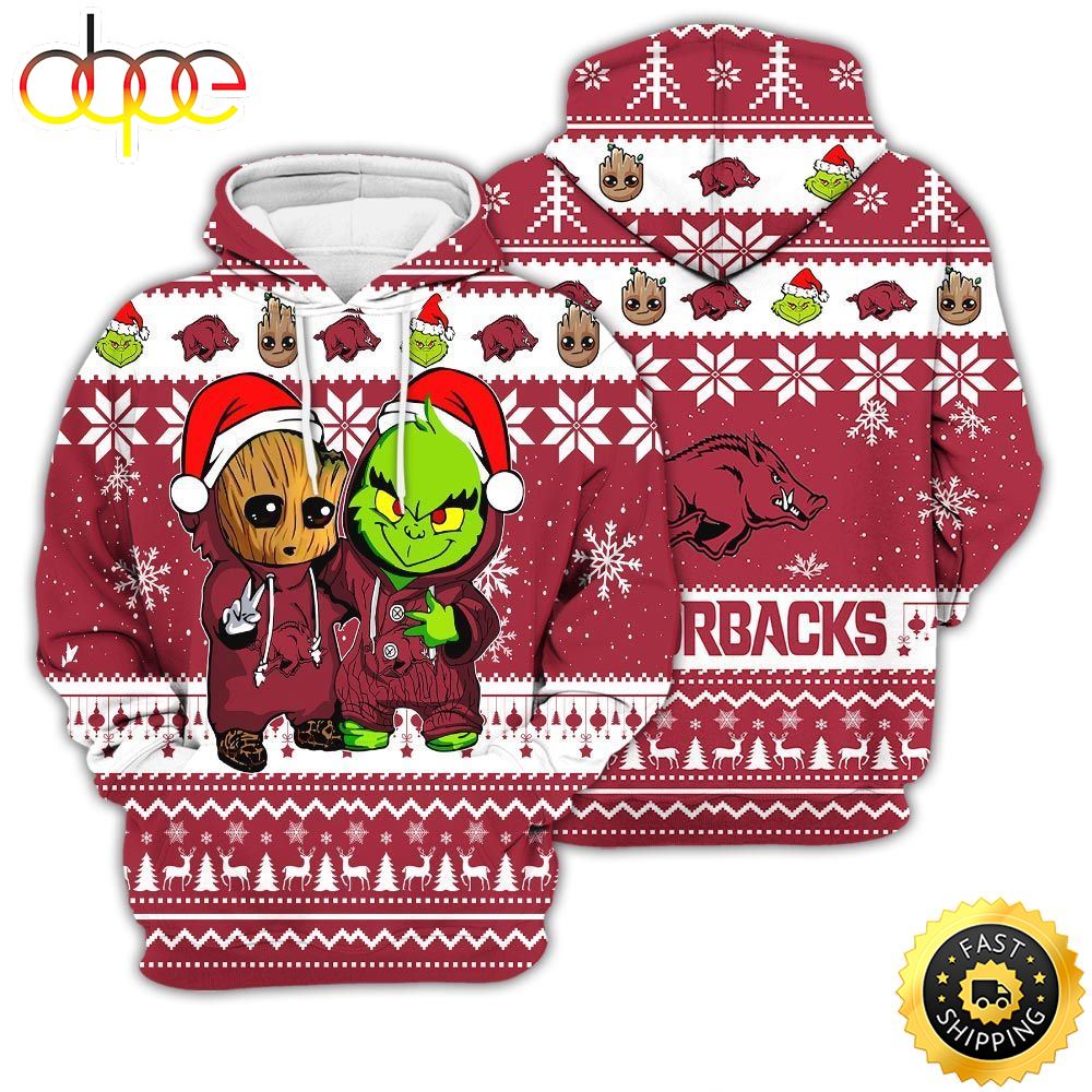 Arkansas Razorbacks Baby Groot And Grinch Best Friends Football American Ugly Christmas Sweater New Trends For Fans Club Gifts Unisex 3D Hoodie