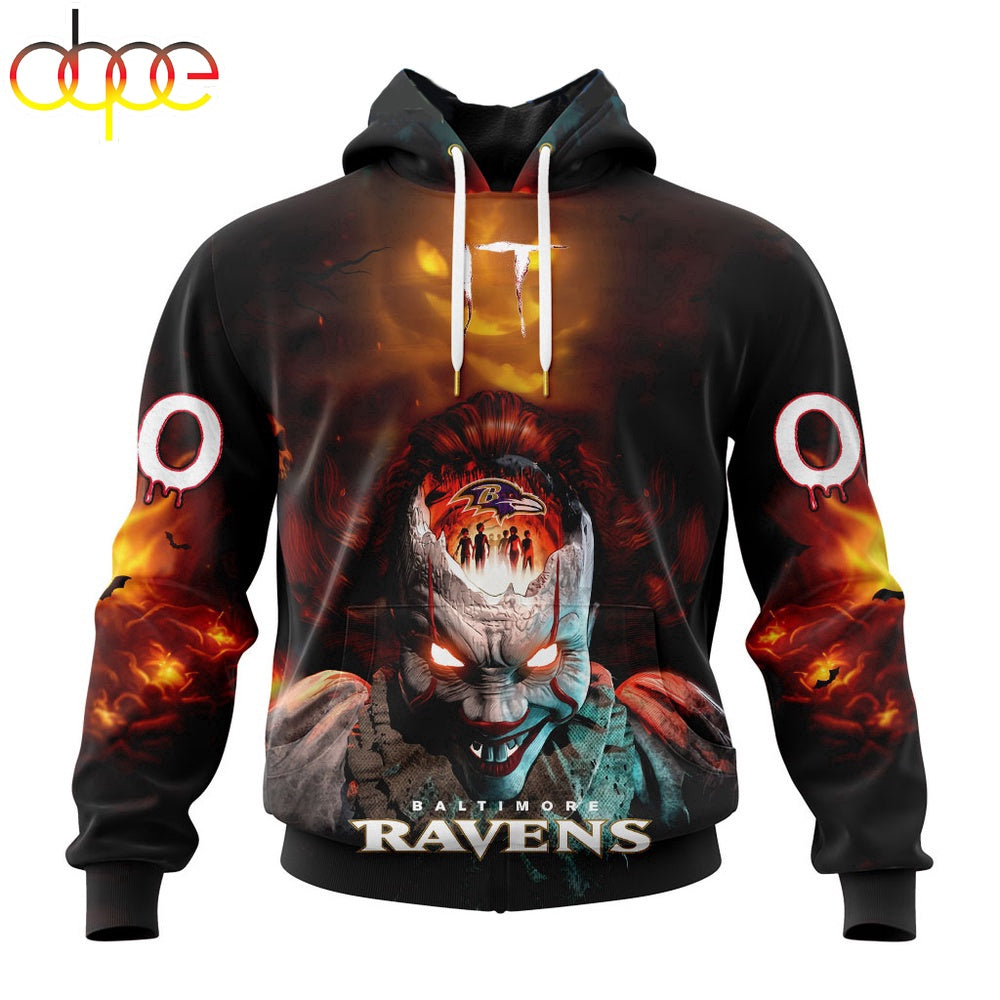 Custom Name And Number NFL Baltimore Ravens Halloween Badut Mematikan 3D Hoodie Shirt
