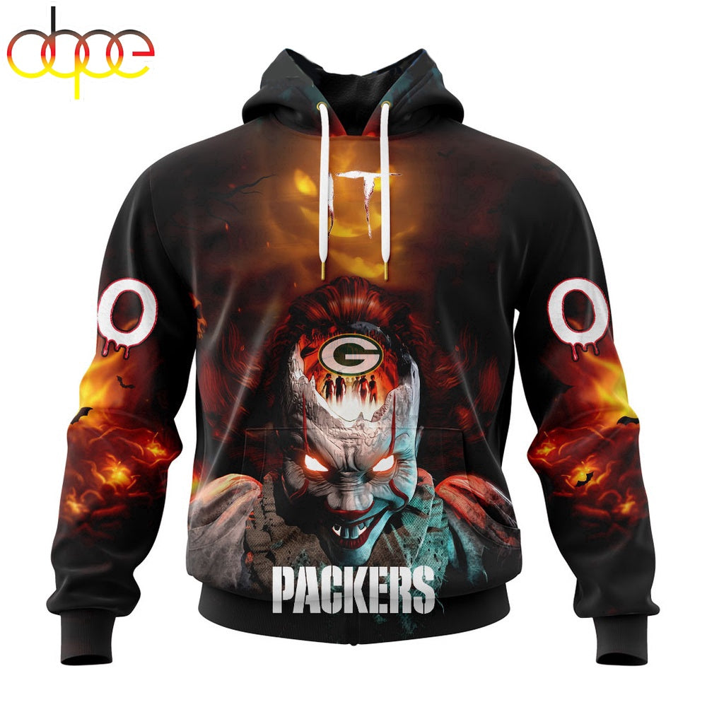 Custom Name And Number NFL Green Bay Packers Halloween Badut Mematikan 3D Hoodie Shirt