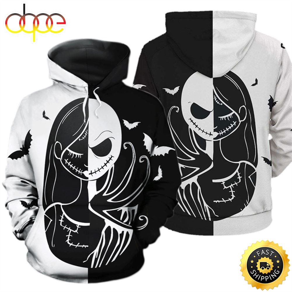 Jack Skellington &amp; Sally White Black Hoodie 3D All Over Print