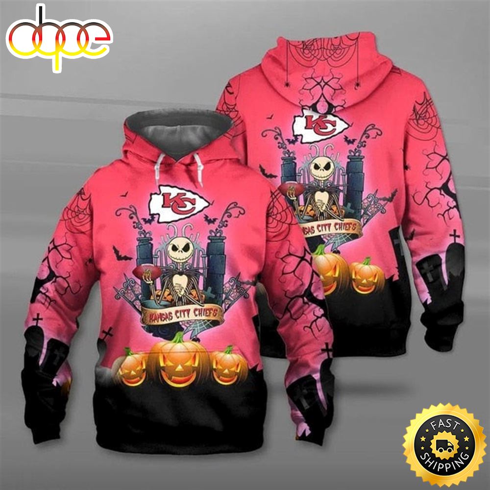 Kansas City Chiefs Halloween With Jack Skellington Pink Super Bowl 3D Pullover Hoodie_3482