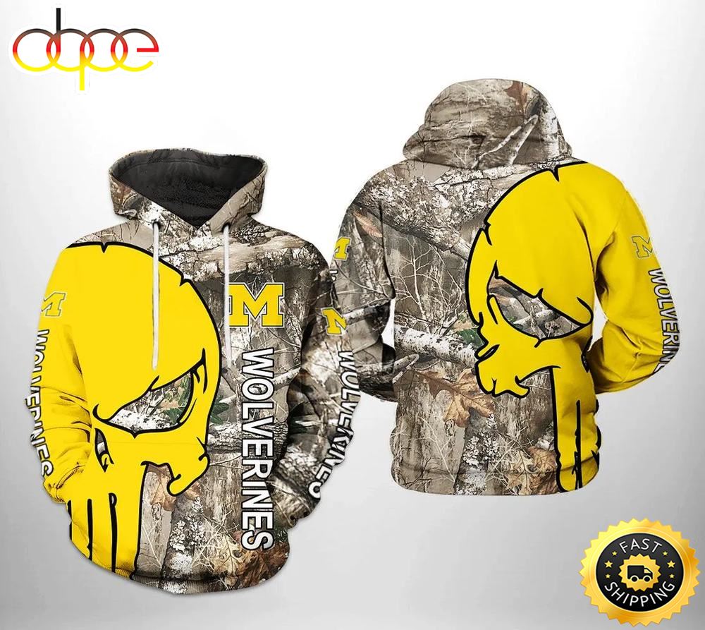 Michigan Wolverines Camo Veteran Hunting and Skull Punisher 3D Hoodie NCAA Gifts