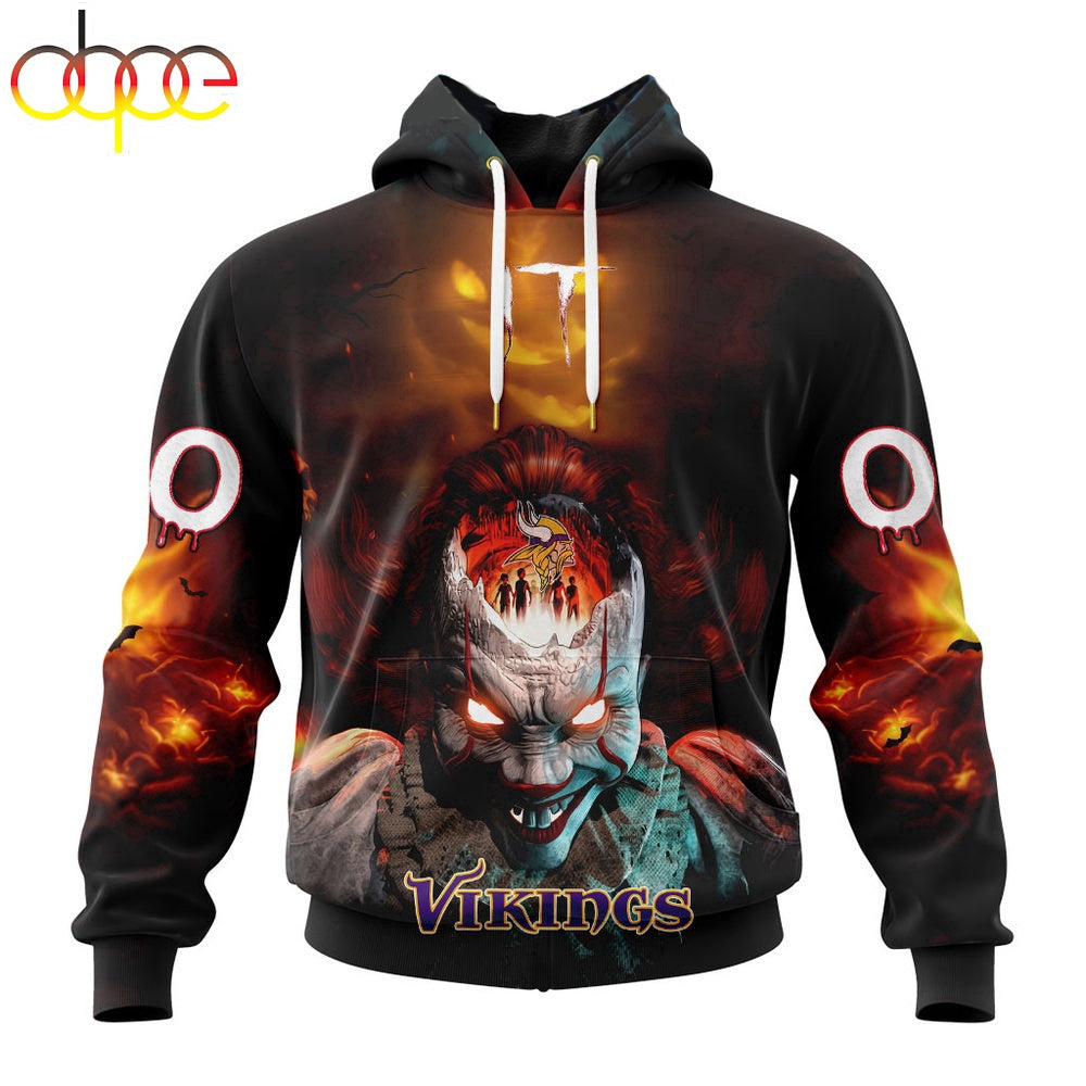 Custom Name And Number NFL Minnesota Vikings Halloween Badut Mematikan 3D Hoodie Shirt