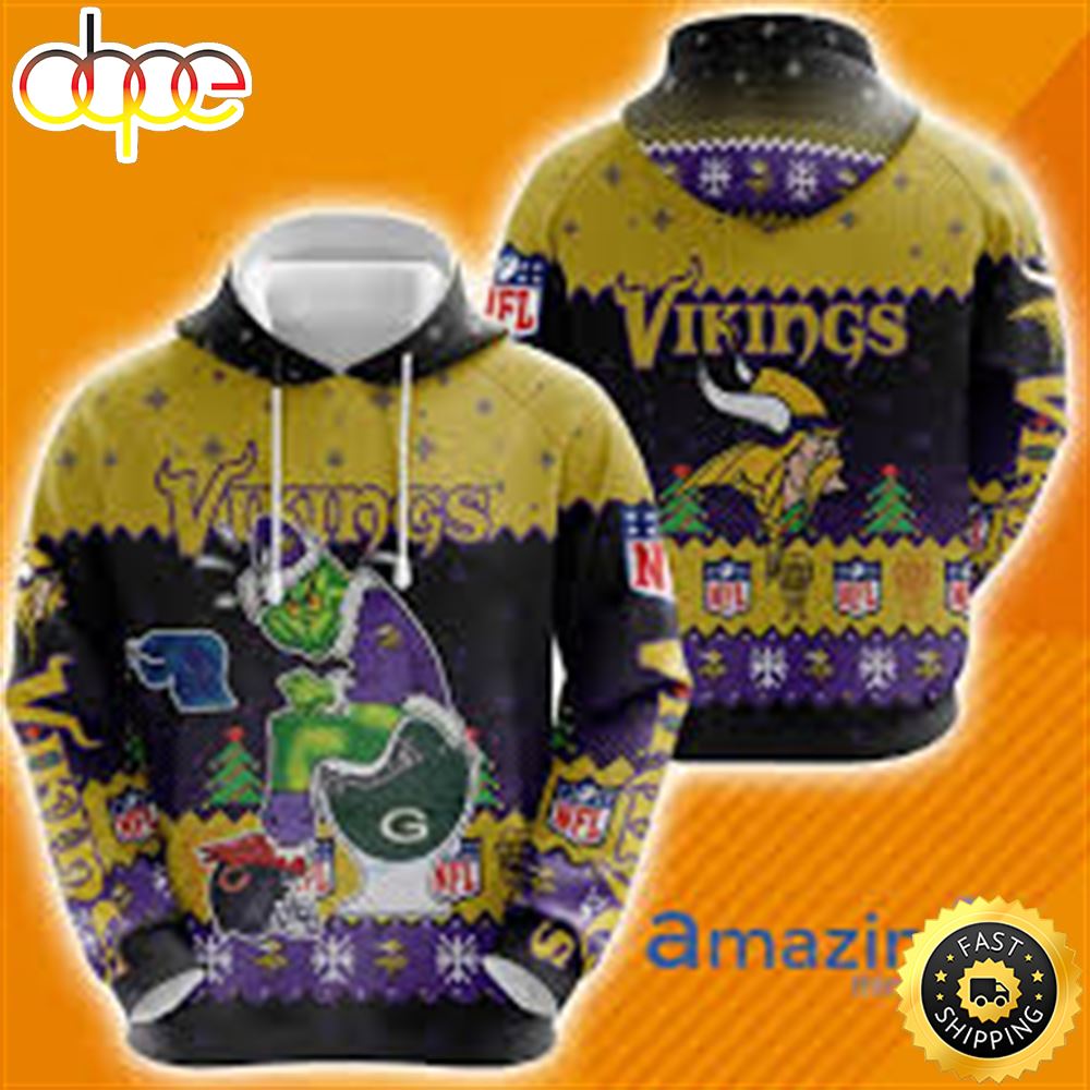 Minnesota Viking Christmas Grinch In Toilet Knitting Pattern All Over Print 3D Hoodie