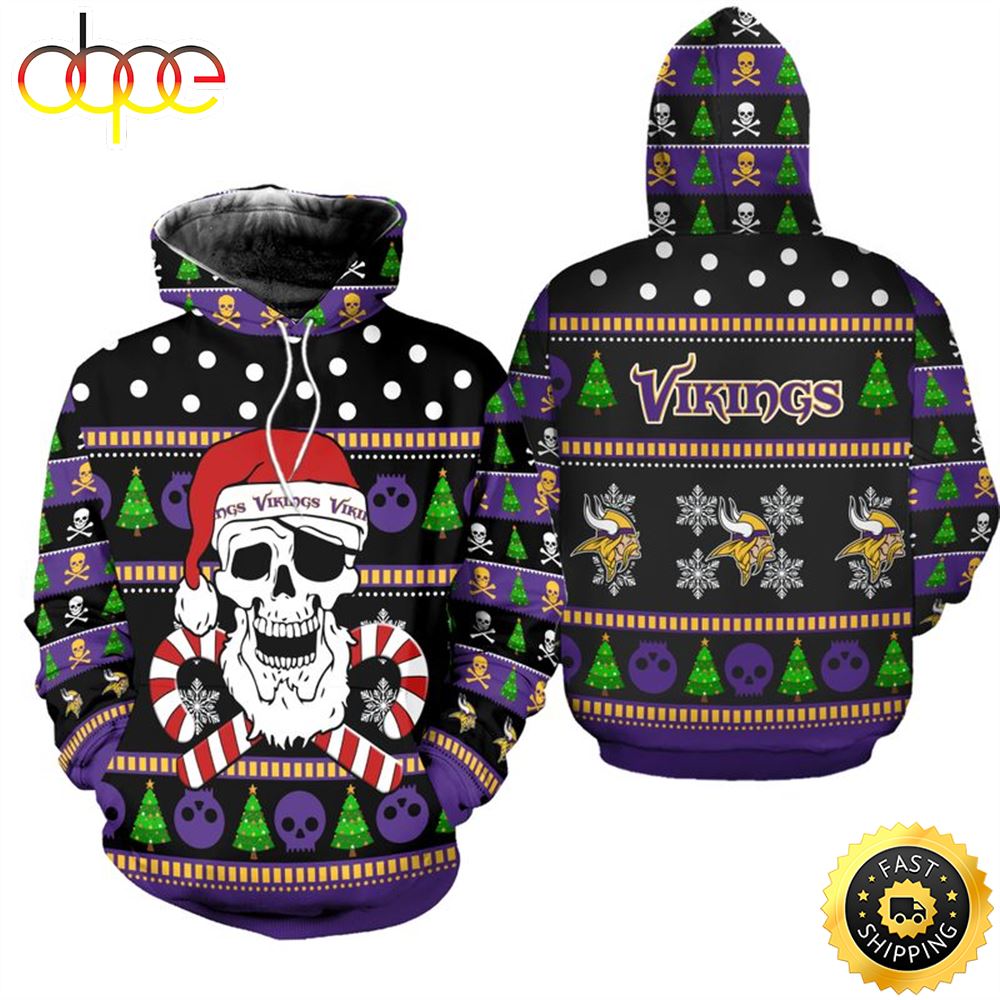 Minnesota Vikings Christmas Santa Skull Patterns Football NFL All Over Print Hoodie Shirt