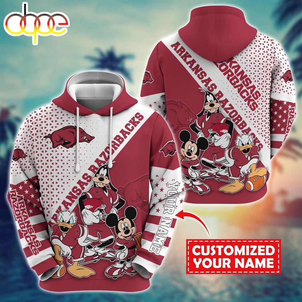 NCAA And Mickey Arkansas Razorbacks Character Cartoon Movie Custom Name Hoodie New Arrivals