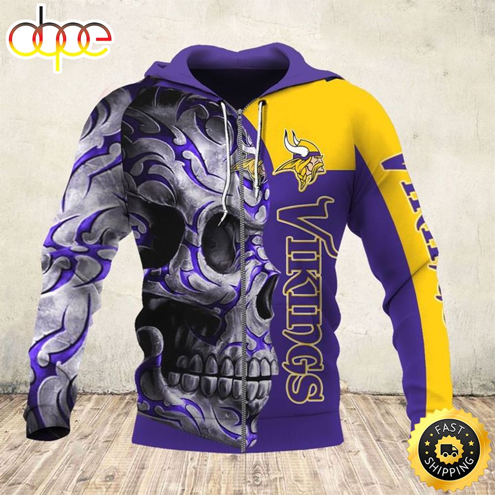 NFL Minnesota Vikings Zippered Hoodies &amp; Big Vikings Team Tribal Skull 3D Hoodie All Over Print Shirts