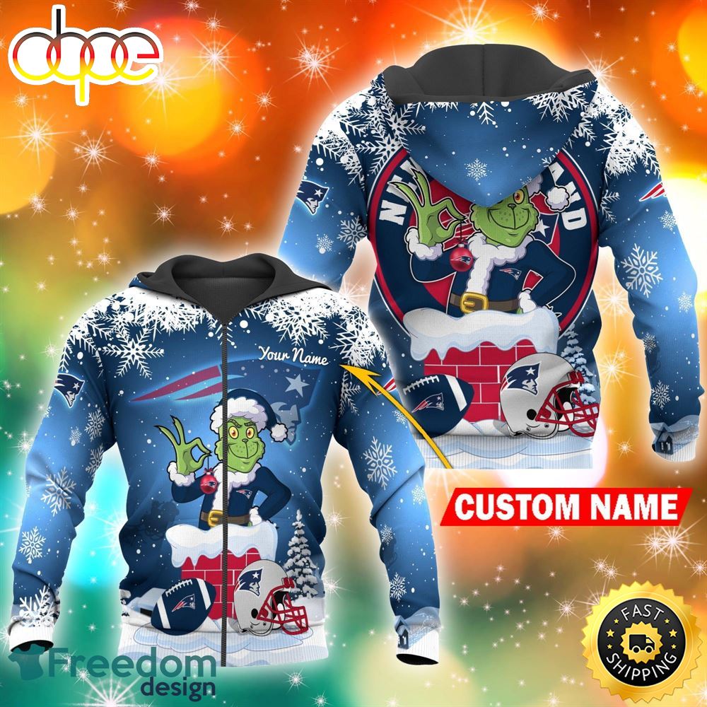 New England Patriots NFL Christmas Grinch in Chimney 3D Hoodie Pullover Prints Custom Name