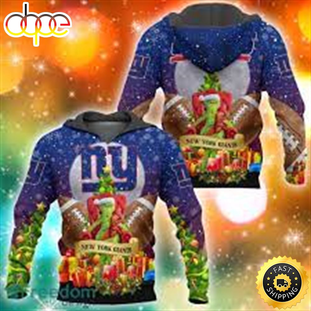 New York Giants NFL Grinch Christmas Tree 3D Hoodie Pullover Prints