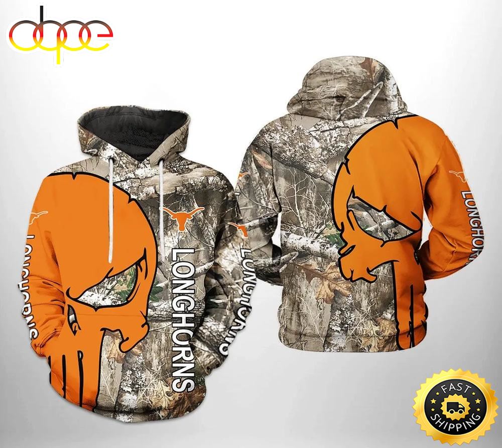 Texas Longhorns Camo Veteran Hunting and Punisher Skull 3D Hoodie Texas Longhorns Gift Ideas For Him