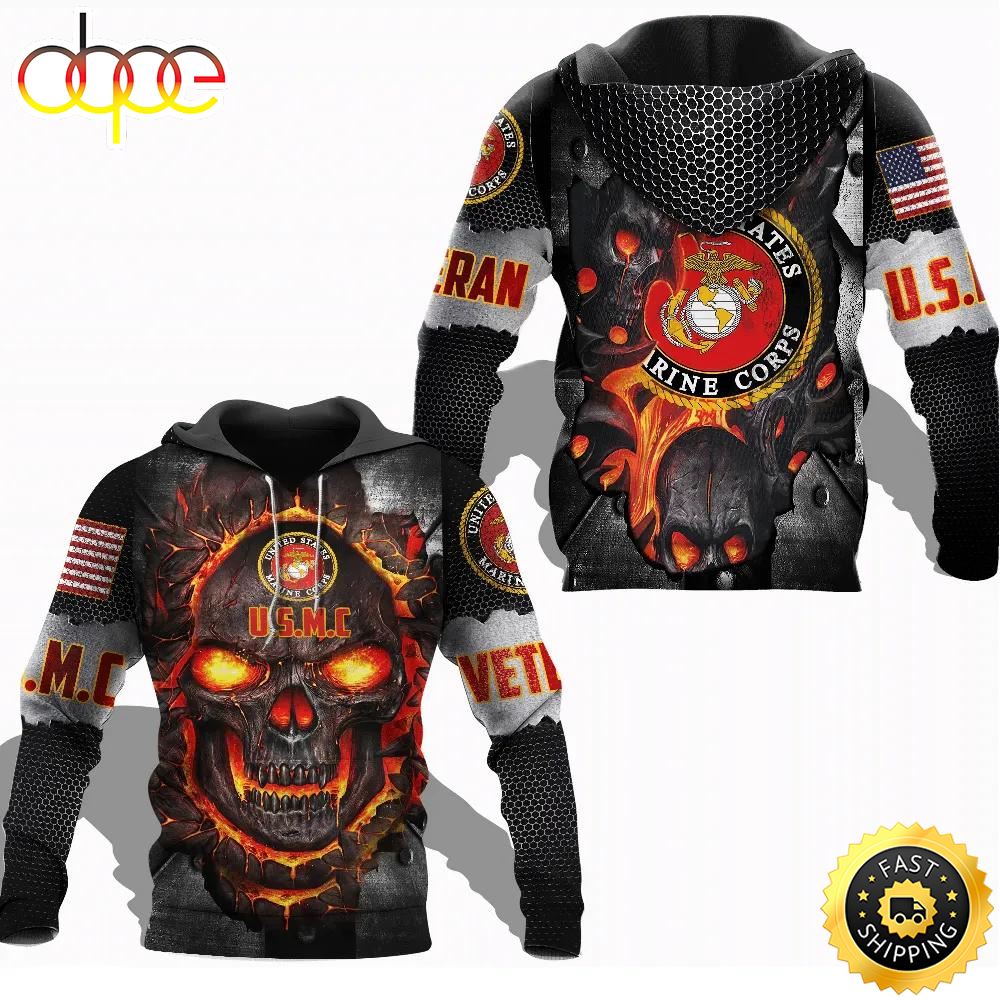 Veteran Fire Skull United States Marine 3D Hoodie All Over Printed