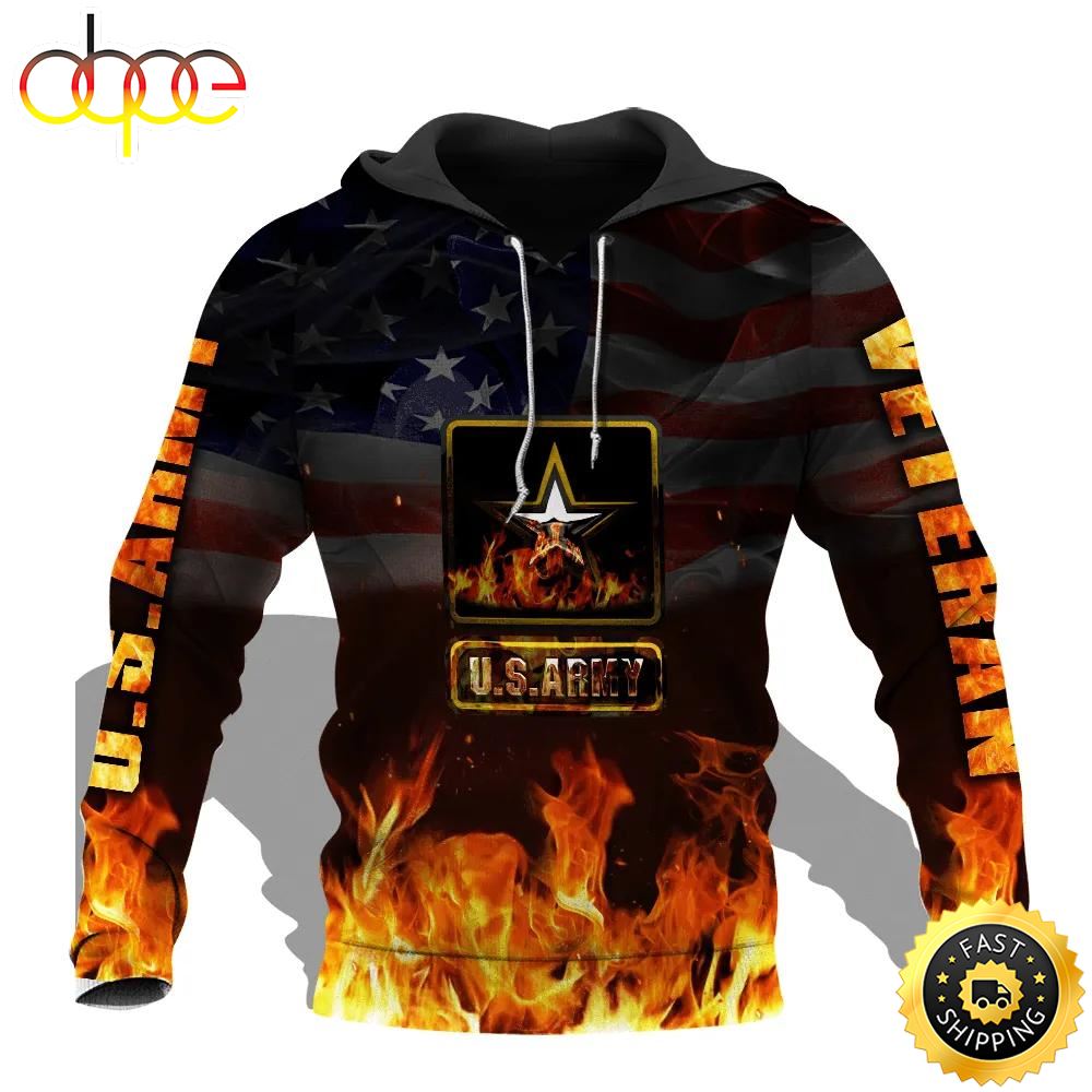 Veteran Military US Army Veteran Fire Flag 3D Hoodie All Over Printed