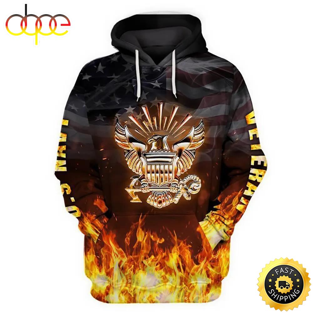 Veteran Military US Navy Veteran Navy Symbol On Fire 3D Hoodie All Over Printed