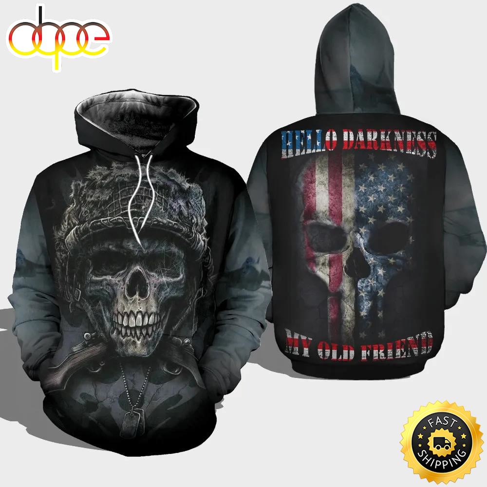 Veteran Skull Hello Darkness My Old Friend 3D Hoodie All Over Printed