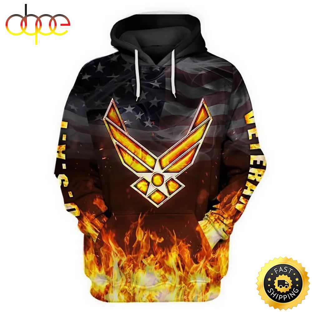 Veteran USAF Veteran Air Force Symbol On Fire 3D Hoodie All Over Printed