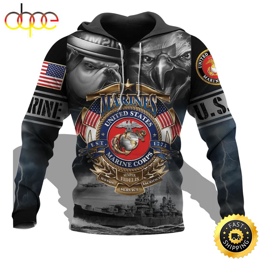 Veteran United States Marine Corps Semper Honor Bull Dog 3D Hoodie All Over Printed
