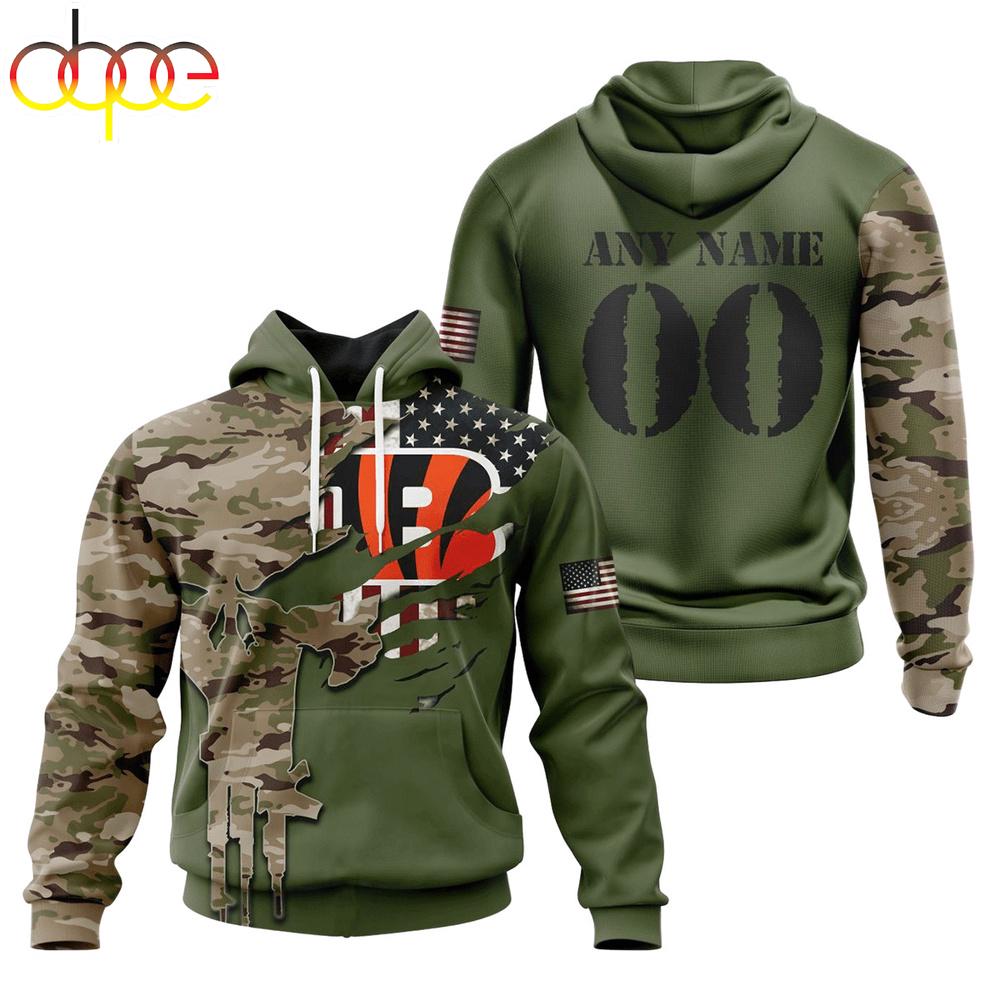 Custom Name And Number NFL Cincinnati Bengals Camo And US Flag 3D Hoodie Shirt