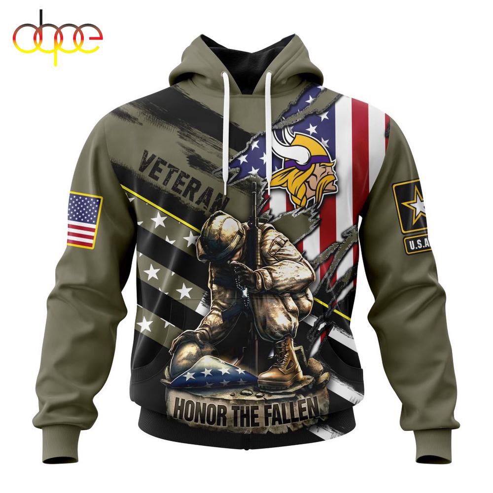 Custom Name And Number NFL Minnesota Vikings Veterans Honor The Fallen 3D Hoodie Shirt