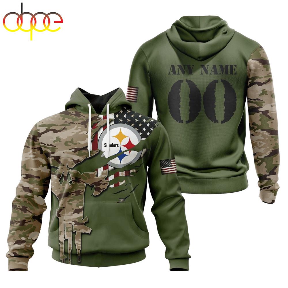 Custom Name And Number NFL Pittsburgh Steelers Camo And US Flag 3D Hoodie Shirt