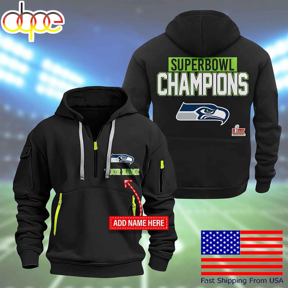 NFL Seattle Seahawks Custom Name Super Bowl LIX Quarter Zip Hoodie